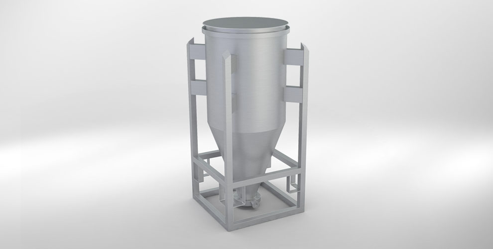 mixing containers for conveyor systems