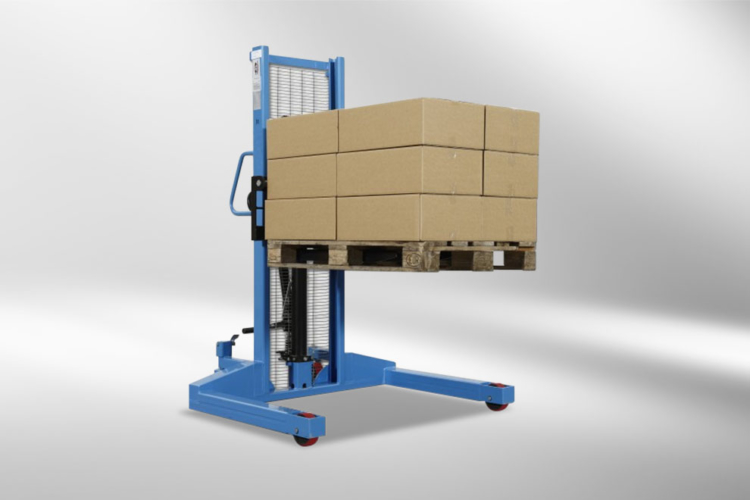 high lift truck transports pallet with packages