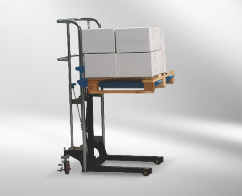 high lift truck transports pallet with packages