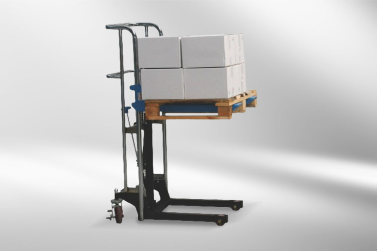 high lift truck transports pallet with packages